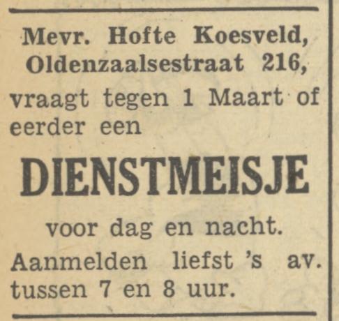 Oldenzaalsestraat 216 Mevr. Hofte Koesveld advertentie Tubantia 21-1-1950.jpg
