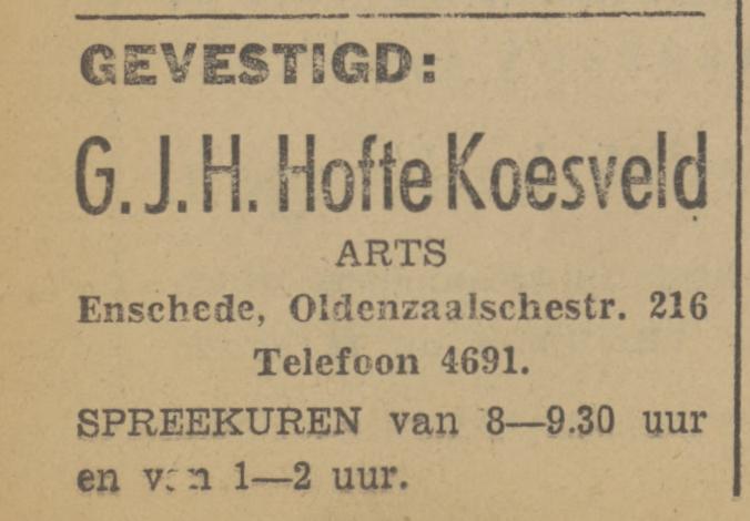 Oldenzaalsestraat 216 G.J.H. Hofte Koesveld arts advertentieTubantia 16-9-1940.jpg