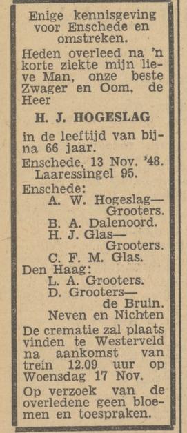Laaressingel 95 H.J. Hogeslag overlijdensadvertentie Tubantia 15-11-1948.jpg