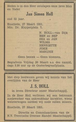 Minister Dr. Kuyperplein 7 J.S. Holl overlijdensadvertentie 28-3-1951.jpg