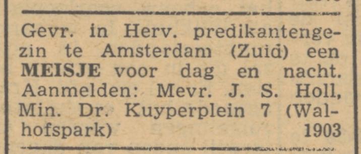 Minister Dr. Kuyperplein 7 J.S. Holl advertentie Trouw 3-7-1945.jpg