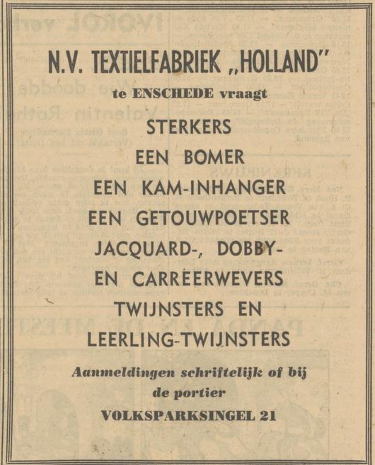 Volksparksingel 21 Textielfabriek Holland advertentie Tubantia 19-8-1950.jpg
