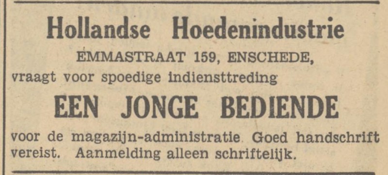 Emmastraat 159 Hollandse Hoedenindustrie advertentie Tubantia 25-11-1948.jpg