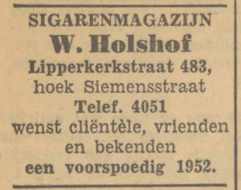 Lipperkerkstraat 483 hoek Siemensstraat W. Holshof Sigarenmagazijn advertentie Tubantia 31-12-1951.jpg