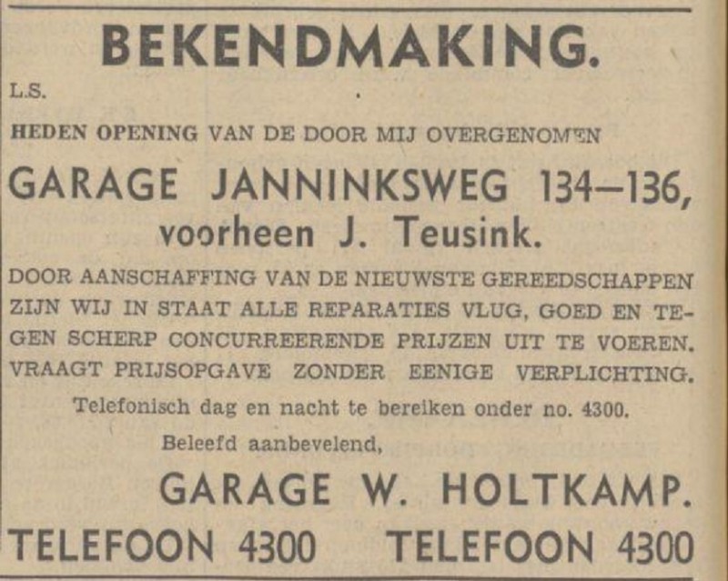 Janninksweg 134-136 Garage W. Holtkamp advertentie Tubantia 1-3-1939.jpg
