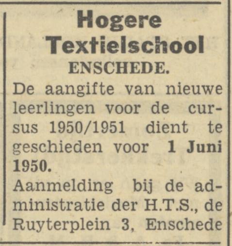 De Ruyterplein 3 Hogere Textielschool advertentie Tubantia 22-5-1950.jpg