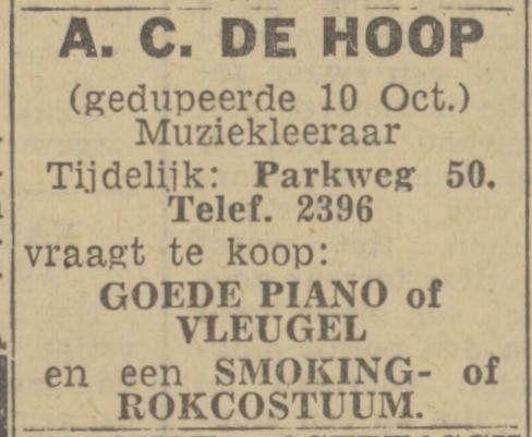 Parkweg 50 A.C. de Hoop muziekleraar advertentie Tubantia 25-11-1943.jpg