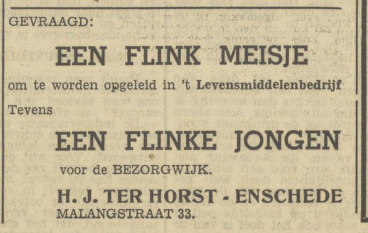 Malangstraat 33 H.J. ter Horst levensmiddelenbedrijf advertentie Tubantia 16-3-1950.jpg