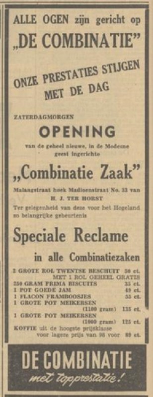 Malangstraat 33 hoek Madioenstraat H.J. ter Horst De Combinatie advertentie Tubantia 19-5-1949.jpg