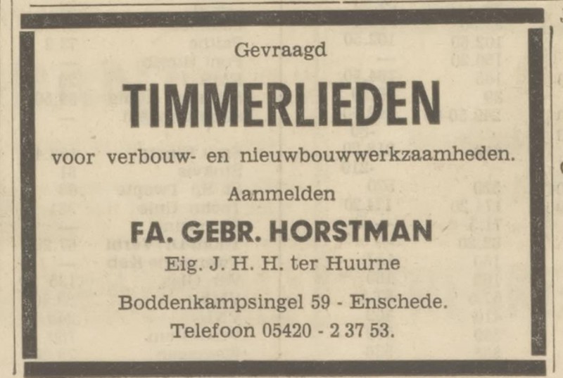 Boddenkampsingel 59 Fa. Gebr. Horstman advertentie Tubantia 5-9-1969.jpg