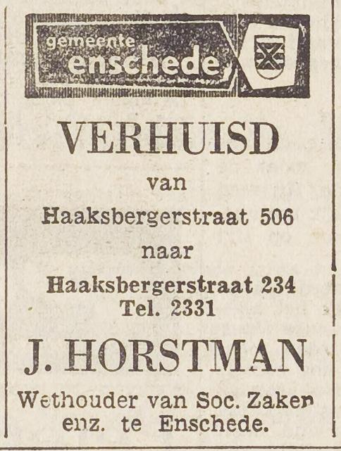 Haaksbergerstraat 506 J. Horstman Wethouder Sociale Zaken advertentie het Vrije Volk 21-9-1956.jpg