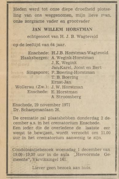 Dr. Schaepmanlaan 26 J.W. Horstman overlijdensadvertentie Tubantia 30-11-1971.jpg