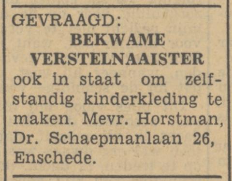 Dr. Schaepmanlaan 26 Mevr. Horstman advertentie Tubantia 16-8-1949.jpg