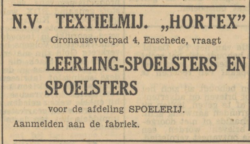 Gronausevoetpad 4 N.V. Textiel Mij. Hortex advertentie Tubantia 4-8-1950.jpg