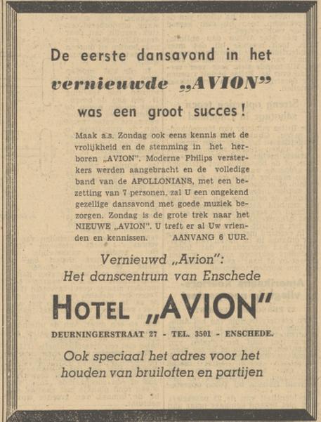 Deurningerstraat 27 Hotel Avion advertentie Tubantia 28-7-1950.jpg