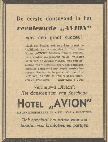 Deurningerstraat 27 Hotel Avion advertentie Tubantia 28-7-1950.jpg