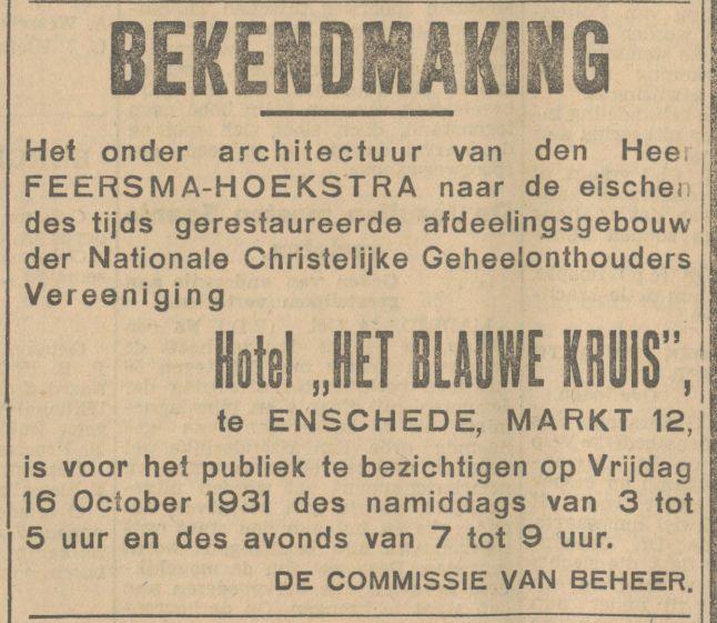 Markt 12 Hotel Het Blauwe Kruis advertentie Tubantia 14-10-1931.jpg