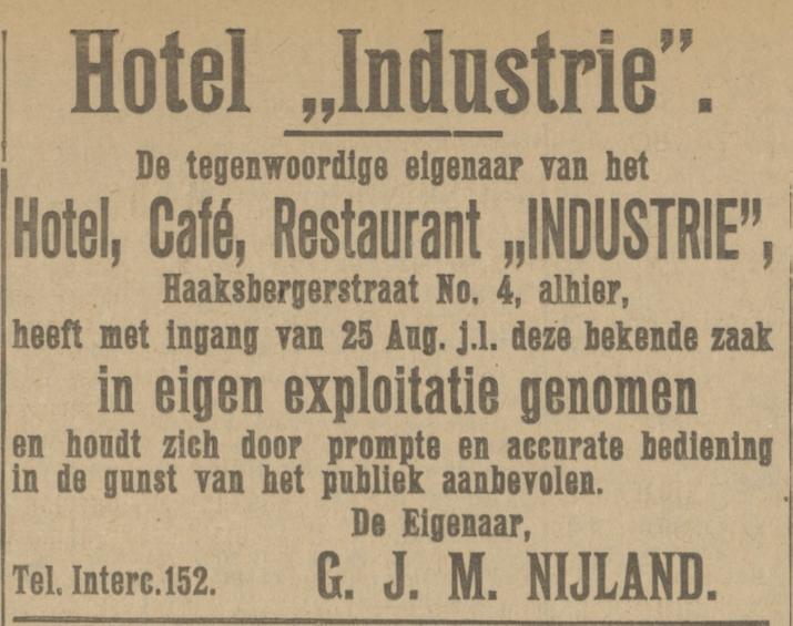 Haaksbergerstraat 4 Hotel Industrie G.J.M. Nijland advertentie Tubantia 27-8-1921.jpg