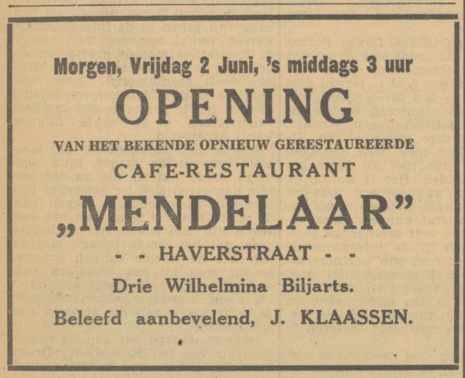 Haverstraat 35 cafe restaurant Mendelaar J. Klaassen advertentie Tubantia 1-6-1933.jpg