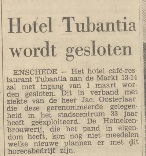 Markt 13-14 Hotel cafe restaurant Tubantia Jac. Oosterlaar krantenbericht Tubantia 24-1-1968.jpg