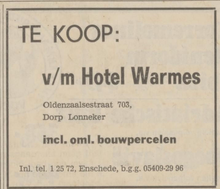 Oldenzaalsestraat 703 Hotel Warmes  advertentie Tubantia 10-1-1973.jpg