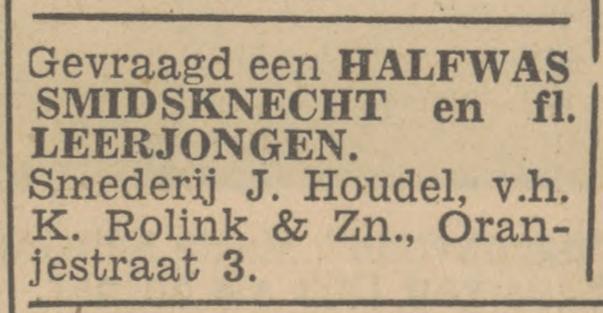 Oranjestraat 3 Smederij J. Houdel v.h. K. Rolink & Zn. advertentie Tubantia 24-1-1947.jpg