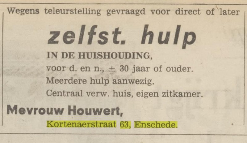 Kortenaerstraat 63 Mevr. Houwert advertentie Tubantia 23-8-1967.jpg