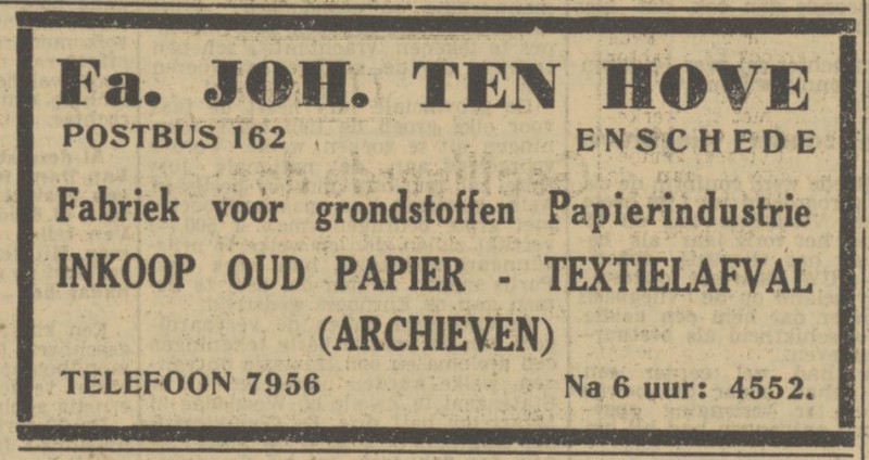 Fa. Joh. ten Hove. telf. 4552. advertentie Tubantia 28-2-1951.jpg