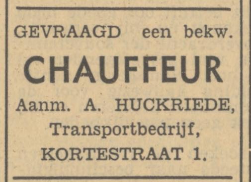 Kortestraat 1 A. Huckriede transportbedrijf advertentie Tubantia 26-11-1949.jpg