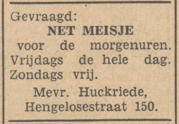 Hengelosestraat 150 Mevr. Huckriede advertentie Tubantia 14-2-1949.jpg