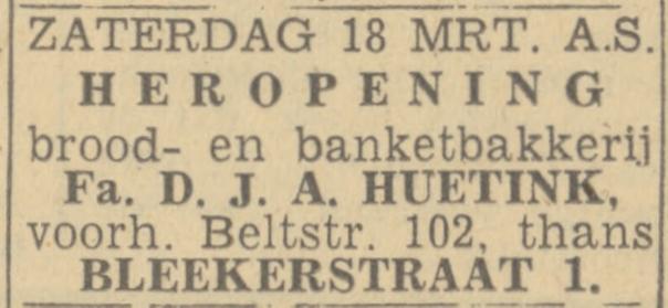 Blekerstraat 1 brood- en banketbakkerij D.J. Huetink advertentie Twentsch nieuwsblad 16-3-1944.jpg
