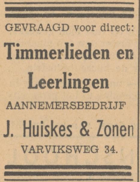 Varviksweg 34 Aannemersbedrijf J. Huiskes & Zonen advertentie Tubantia 22-6-1948.jpg