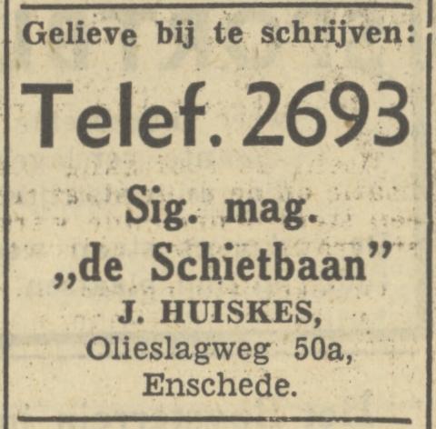 Olikeslagweg 50a Sigarenmagazijn De Schietbaan J. Huiskes advertentie Tubantia 4-2-1950.jpg