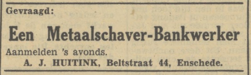 Beltstraat 44 A.J. Huitink advertentie Tubantia 10-12-1946.jpg