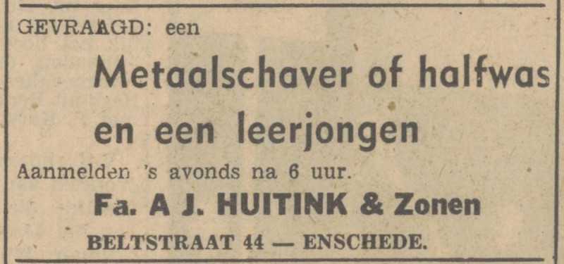 Beltstraat 44 Fa. A.J. Huitink & Zonen advertentie Tubantia 8-2-1947.jpg