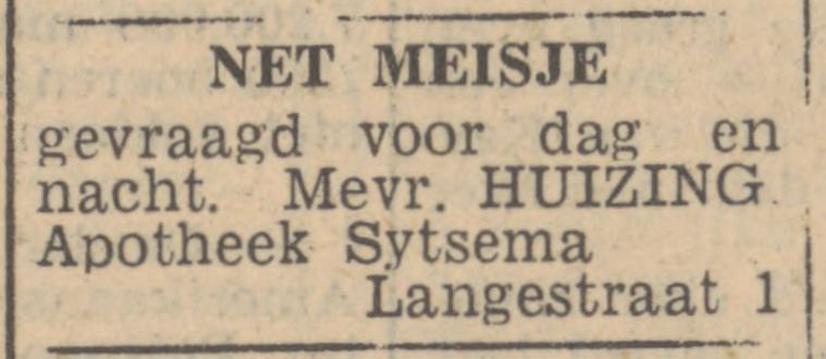 Langestraat 1 Apotheek Sytsema Mevr. Huizing advertentie Tubantia 25-8-1947.jpg