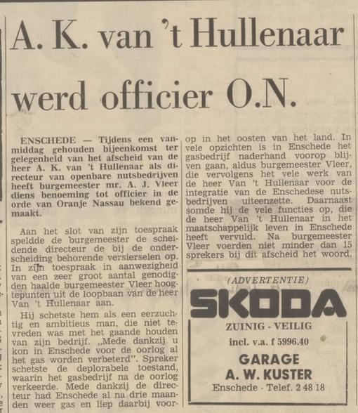 A.K. van 't Hullenaar Directeur openbare nutsbedrijven krantenbericht Tubantia 2-10-1972.jpg