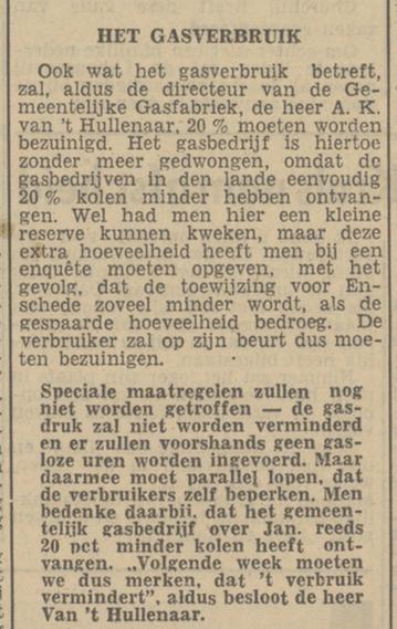 A.K. van 't Hullenaar Directeur Gemeentelijke Gasfabriek krantenbericht Tubantia 1-2-1951.jpg