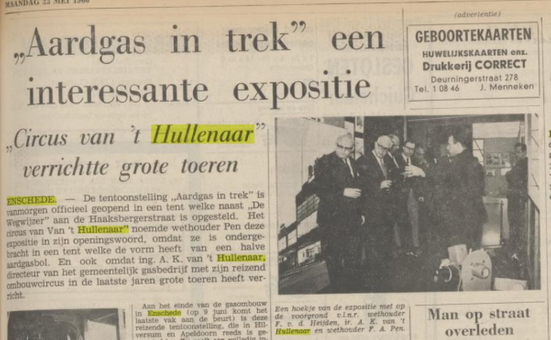 A.K. van 't Hullenaar Directeur Gemeentelijke Gasfabriek krantenbericht Tubantia 23-5-1966.jpg