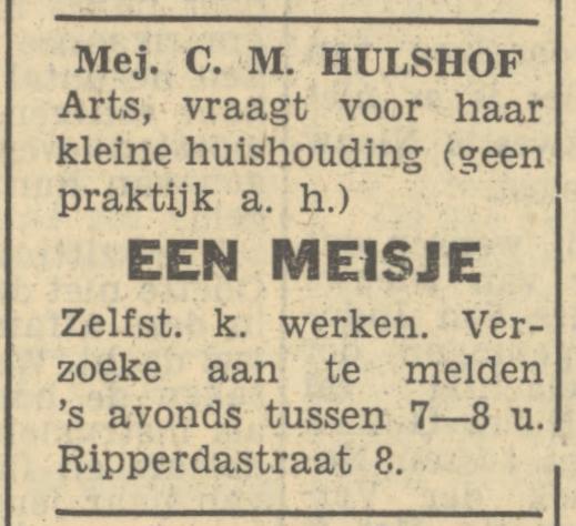 Ripperdastraat 8 Mej. C.M. Hulshof  Arts advertentie Tubantia 3-11-1949.jpg