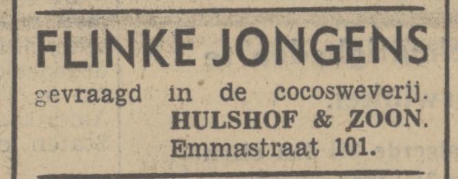 Emmastraat 101 Cocosweverij Hulshof en Zoon advertentie Tubantia 16-6-1939.jpg