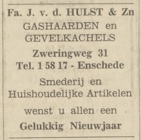 Zweringweg 31 J. v.d. Hulst advertentie Tubantia 30-12-1967.jpg