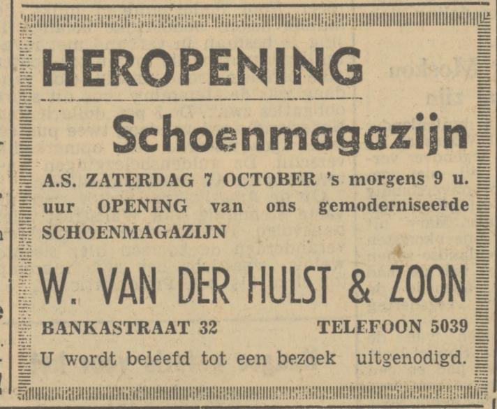 Bankastraat 32 W. van der Hulst & Zoon Schoenmagazijn advertentie Tubantia 5-10-1950.jpg