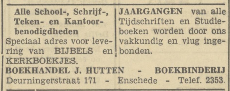 Deurningerstraat 171 Boekhandel Boekbinderij J. Hutten advertentie Tubantia 25-10-1949.jpg