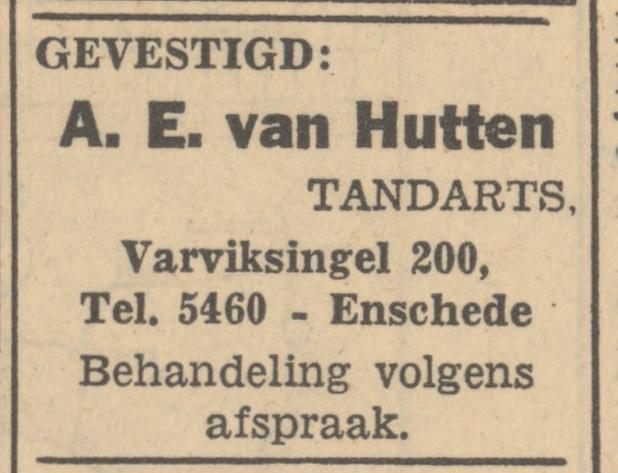 Varviksingel 200 Tandarts A.E. van Hutten advertentie Tubantia 21-1-1947.jpg