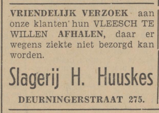 Deurningerstraat 275 Slagerij H. Huuskes advertentie Tubantia 19-2-1942.jpg