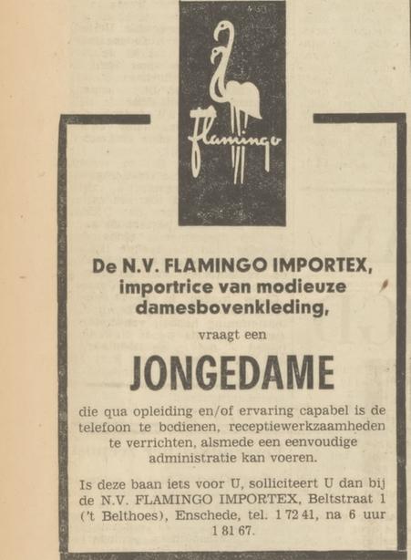 Beltstraat 1 't Belthoes N.V. Flamingo Importex advertentie Tubantia 16-10-1969.jpg