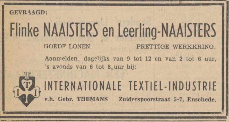 Zuiderspoorstraat 5 Internationale Textiel-Industrie v.h. Gebr. Themans advertentie Tubantia 17-9-1947.jpg