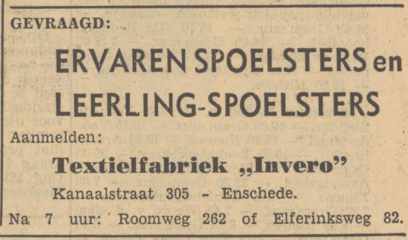 Kanaalstraat 305 Textielfabriek Invero advertentie Tubantia 19-8-1950.jpg