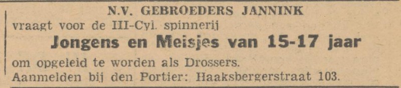 Haaksbergerstraat 103 Spinnerij Gebr. Jannink advertentie Het Vrije Volk 23-7-1945.jpg